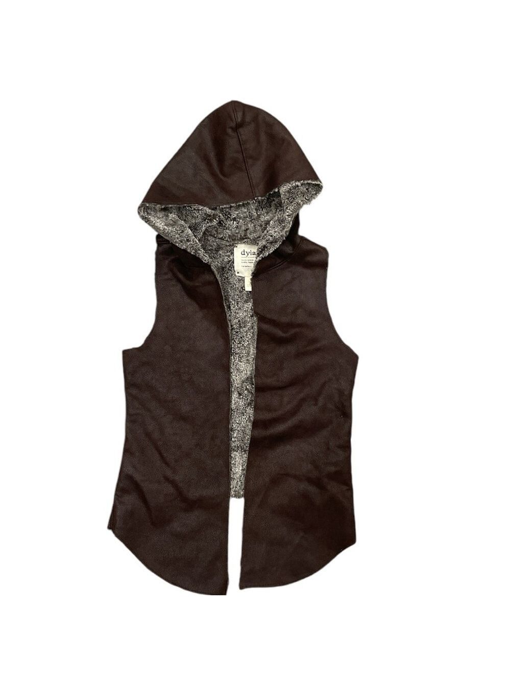 DYLAN XS brown faux suede open vest with big hood super soft faux fur lining